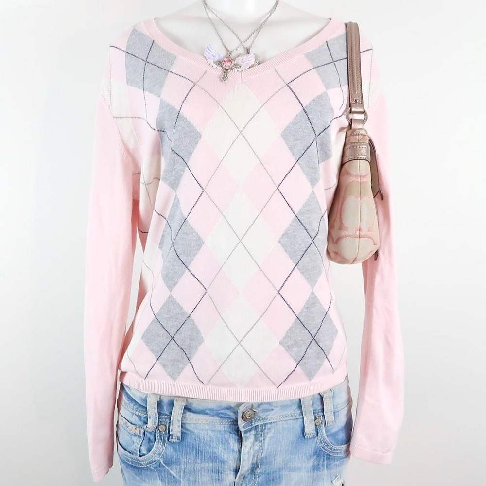 tommy hilfiger pink argyle sweater y2k